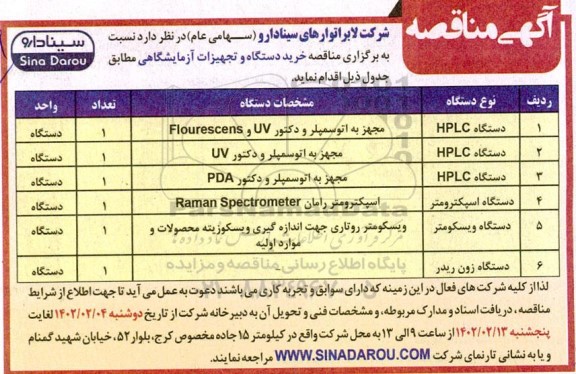 مناقصه خرید دستگاه و تجهیزات آزمایشگاهی
