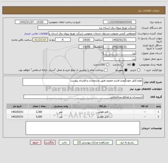 استعلام انواع کابل خودنگهدار فشار ضعیف طبق مشخصات و قرارداد پیوست