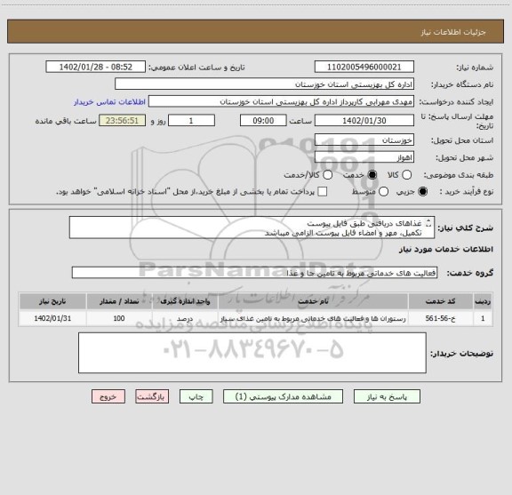 استعلام غذاهای دریافتی طبق فایل پیوست
تکمیل، مهر و امضاء فایل پیوست الزامی میباشد
قیمت گذاری فقط توسط رستوران های اهواز صورت بپذیرد.