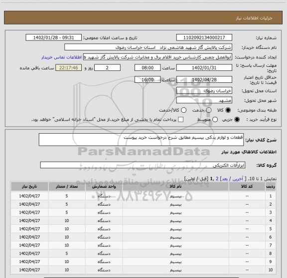 استعلام قطعات و لوازم یدکی بیسیم مطابق شرح درخواست خرید پیوست