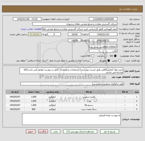استعلام خرید مواد آزمایشگاهی طبق لیست پیوستی/ مشخصات و توضیحات کامل در پیوست موجود می باشد/کالا مشابه می باشند