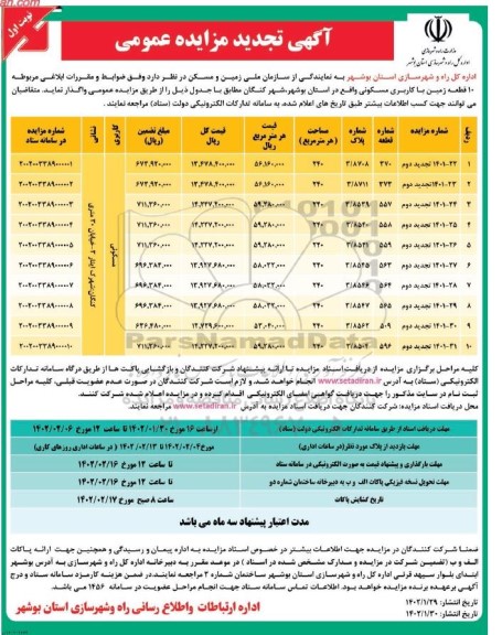 تجدید مزایده واگذاری 10 قطعه زمین با کاربری مسکونی