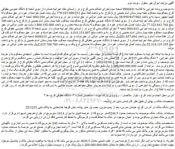 مزایده فروش ۶ دانگ پلاک ثبتی 1235فرعی از 22 اصلی 