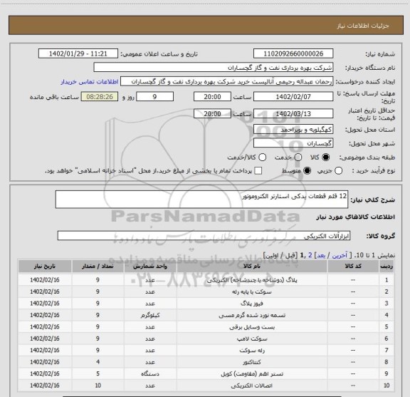 استعلام 12 قلم قطعات یدکی استارتر الکتروموتور