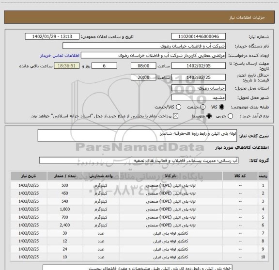 استعلام لوله پلی اتیلن و رابط رزوه ای-طرقبه شاندیز