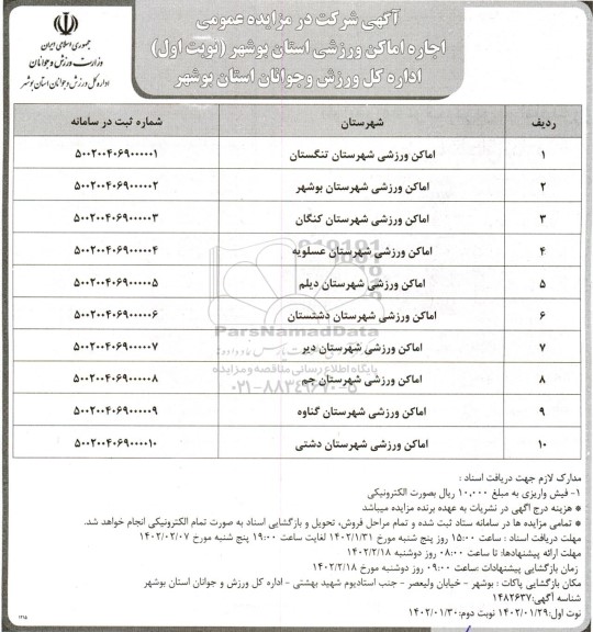 مزایده اجاره اماکن ورزشی