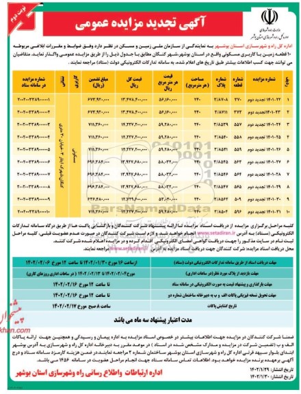 مزایده واگذاری 10 قطعه زمین با کاربری مسکونی تجدید نوبت دوم 