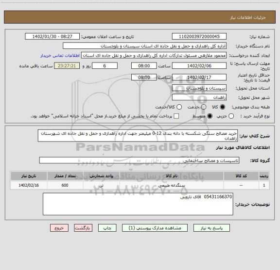 استعلام خرید مصالح سنگی شکسته با دانه بندی 12-0 میلیمتر جهت اداره راهداری و حمل و نقل جاده ای شهرستان زاهدان