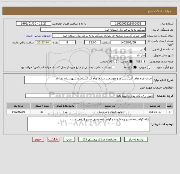استعلام اجرای طرح های کنترل پذیری و هوشمند سازی چاه آب کشاورزی شهرستان نظرآباد