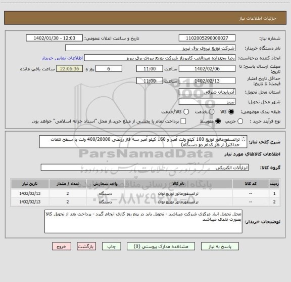 استعلام ترانسفورماتور توزیع 100 کیلو ولت آمپر و 160 کیلو آمپر سه فاز روغنی 400/20000 ولت با سطح تلفات حداکثر( از هر کدام دو دستگاه)