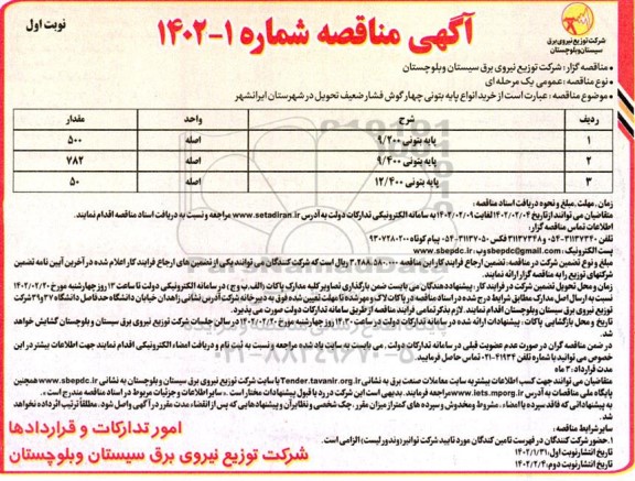 مناقصه خرید انواع پایه بتونی چهارگوش فشار ضعیف