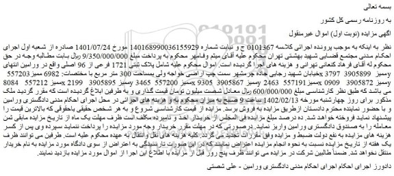 مزایده فروش  پلاک ثبتی 1721 فرعی از 96 اصلی 