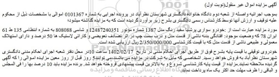 مزایده فروش خودرو سواری پرشیا سفید رنگ مدل 1387