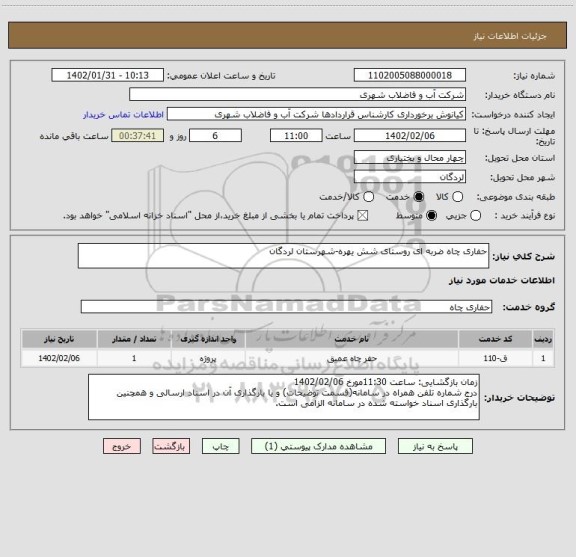 استعلام حفاری چاه ضربه ای روستای شش یهره-شهرستان لردگان