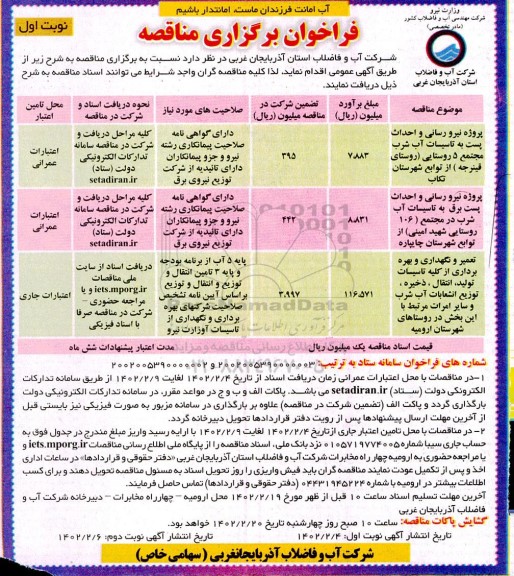 فراخوان مناقصه پروژه نیرورسانی و احداث پست به تاسیسات آب شرب مجتمع 5 روستایی....
