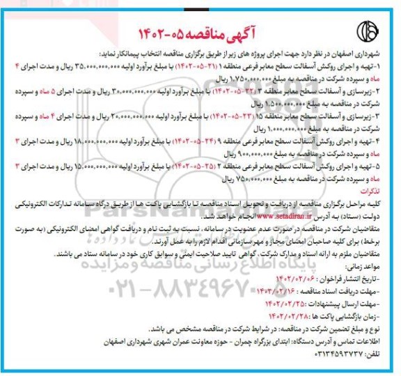 مناقصه تهیه و اجرای روکش آسفالت سطح معابر فرعی منطقه  ...