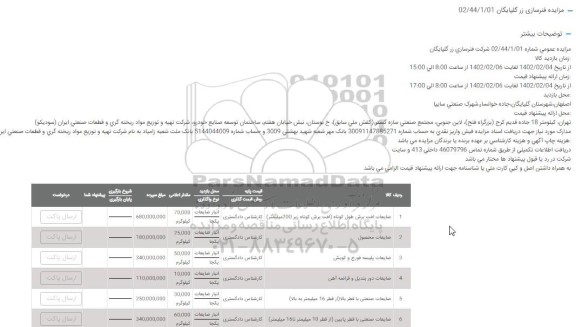 مزایده ضایعات افت برش طول کوتاه افت برش کوتاه زیر 200 میلیمتر..