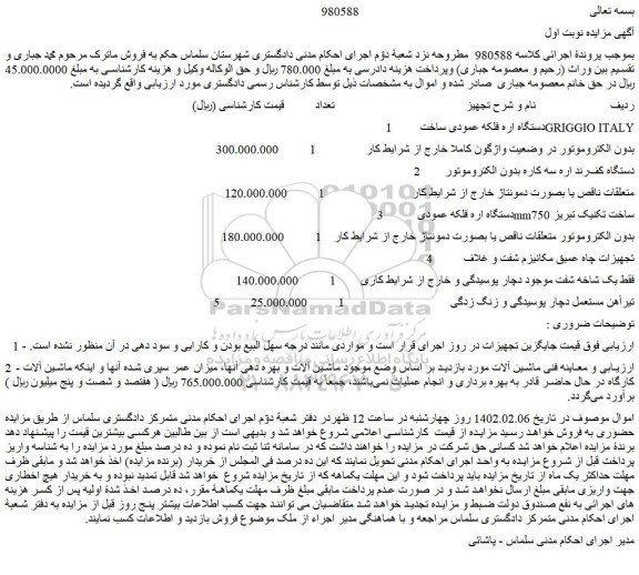 مزایده فروش 1 .دستگاه اره فلکه عمودی ساخت GRIGGIO ITALY و...