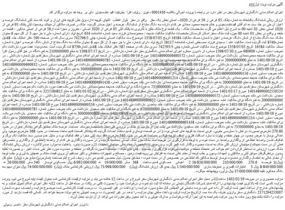 مزایده فروش ششدانگ یکبابخانه به شماره پلاک 95 فرعی ز 59 فرعی از 1020– اصلی