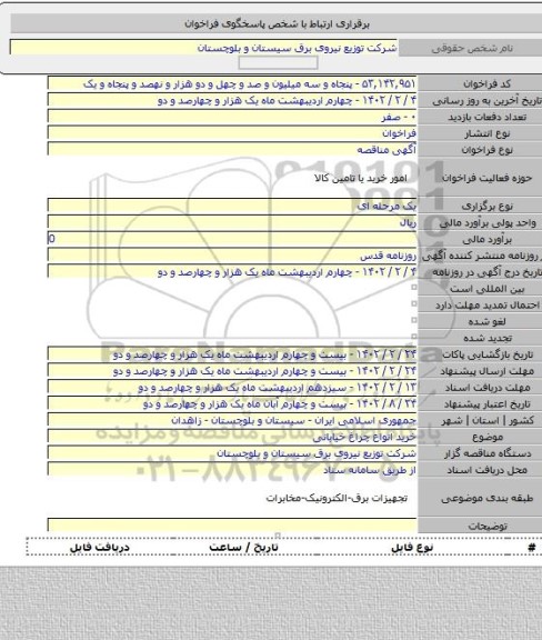 مناقصه, خرید انواع چراغ خیابانی