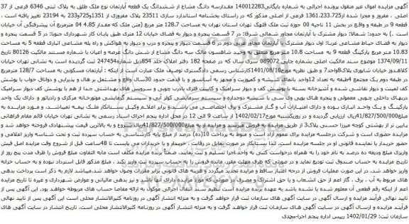 آگهی مزایده مقدارسه دانگ مشاع از ششدانگ یک قطعه آپارتمان نوع ملک طلق به پلاک ثبتی 6346 فرعی از 37 اصلی ، مفروز و مجزا شده از1361،233،725 فرعی از اصلی