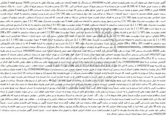 مزایده ملک به مساحت 70/02 مترمربع