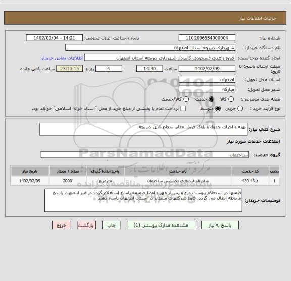 استعلام تهیه و اجرای جدول و بلوک فرش معابر سطح شهر دیزیچه