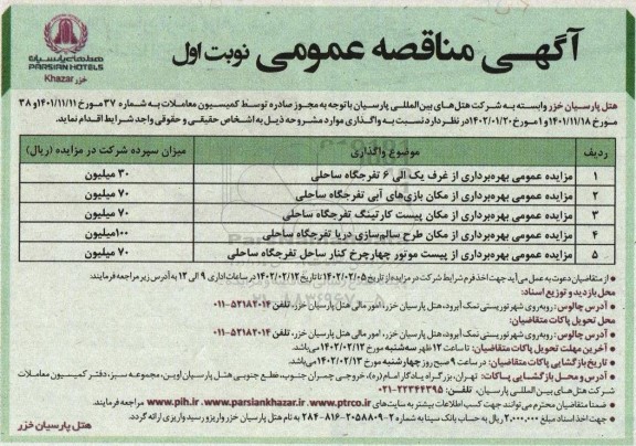 مزایده عمومی بهره برداری از غرف یک الی 6 ...