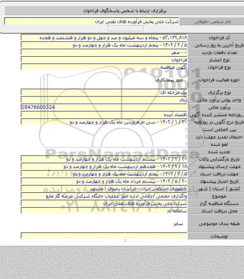 مناقصه, واگذاری حجمی / زمانی اداره امور عملیات جایگاه شرکتی عرضه گاز مایع