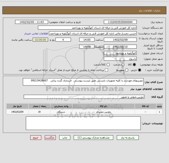 استعلام دوربینهای موردنیاز با کلیه تجهیزات بایستی طبق لیست پیوستی  خریداری گردد براتی   09215428607