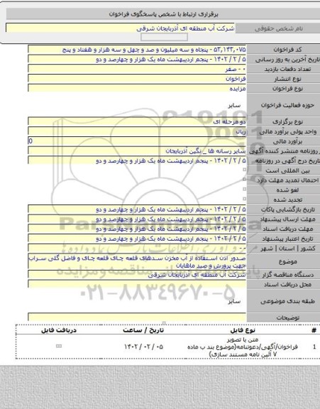 مزایده, صدور اذن استفاده از آب مخزن سدهای قلعه چای قلعه چای و فاضل گلی سراب جهت پرورش و صید ماهایان