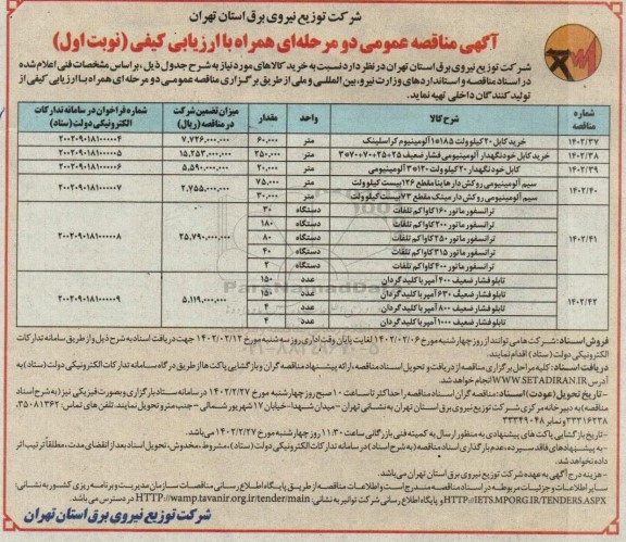 مناقصه خرید کابل 20 کیلوولت......