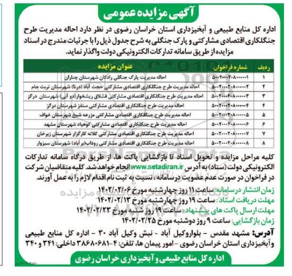 مزایده احاله مدیریت طرح جنگلکاری اقتصادی مشارکتی 
