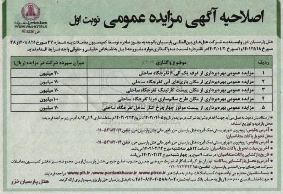 اصلاحیه مزایده عمومی بهره برداری از غرف یک الی 6 ...