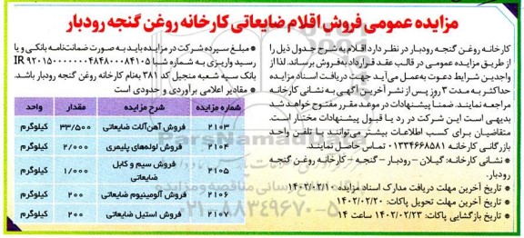 مزایده فروش اقلام ضایعاتی کارخانه روغن  ...