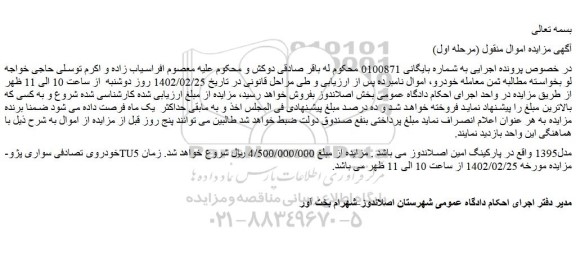 مزایده فروش خودروی تصادفی سواری پژوTU5 مدل1395