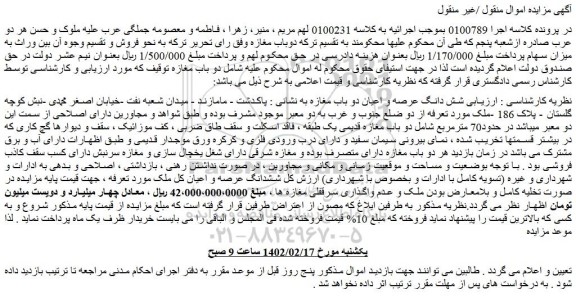 مزایده فروش شش دانگ عرصه و اعیان دو باب مغازه 