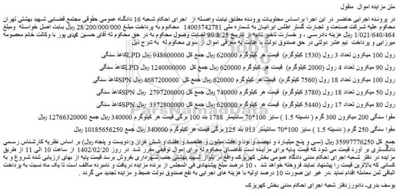 مزایده فروش کاغذ سنگی LPD رول 100 میکرون تعداد 3 رول (1530 کیلوگرم)