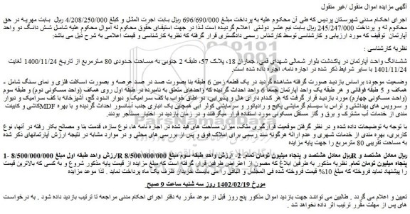 مزایده فروش ششدانگ واحد آپارتمان