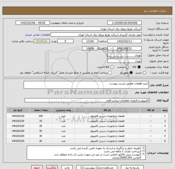 استعلام خرید قطعات مطابق لیست پیوست