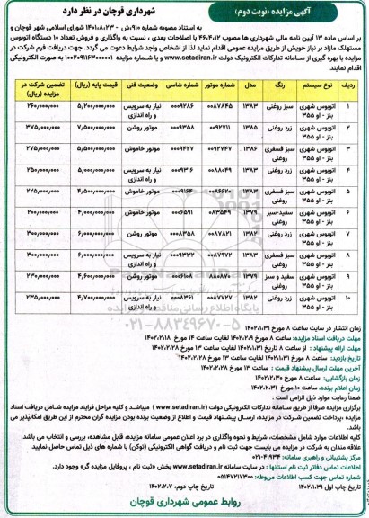 مزایده واگذاری و فروش تعداد 10 دستگاه اتوبوس مستهلک مازاد بر نیاز - نوبت دوم