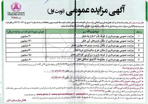 مزایده عمومی بهره برداری از غرفه 5 و 6 بازارچه هتل ...