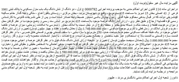 مزایده فروش دو دانگ از شش دانگ یک باب منزل مسکونی با پلاک ثبتی 1061 فرعی از 43 اصلی بخش 15 تبریز به مساحت 435 مترمربع