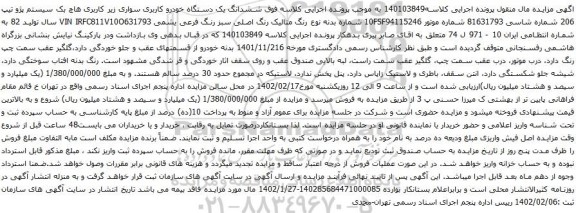 آگهی مزایده ششدانگ یک دستگاه خودرو کاربری سواری زیر کاربری هاچ بک سیستم پژو تیپ 206