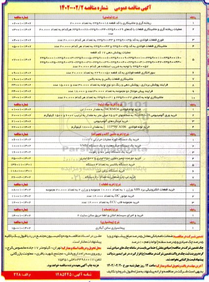 مناقصه ریخته گری و ماشینکاری و...