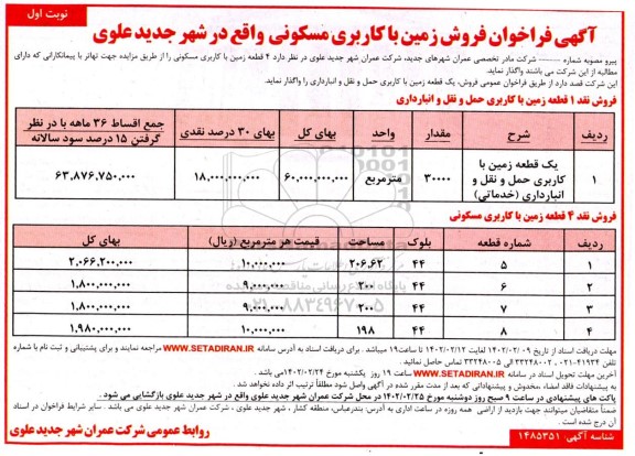 مزایده فروش 4 قطعه زمین با کاربری مسکونی و حمل و نقل  