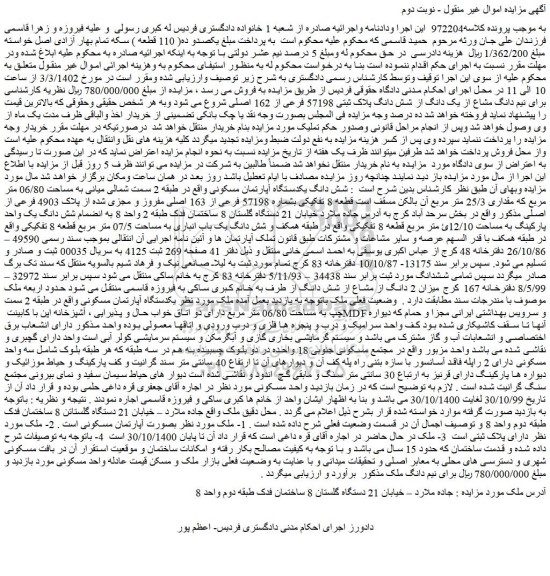 مزایده فروش نیم دانگ مشاع از یک دانگ از شش دانگ پلاک ثبتی 57198 فرعی از 162 اصلی