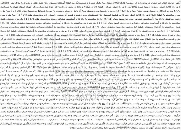 آگهی مزایده مقدار سه دانگ مشاع از ششدانگ یک قطعه آپارتمان مسکونی نوع ملک طلق با کاربری به پلاک ثبتی 128292 فرعی از 2395 اصلی