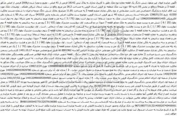 آگهی مزایده شش دانگ یک قطعه مغازه نوع ملک طلق با کاربری تجاری به پلاک ثبتی 18142 فرعی از 41 اصلی