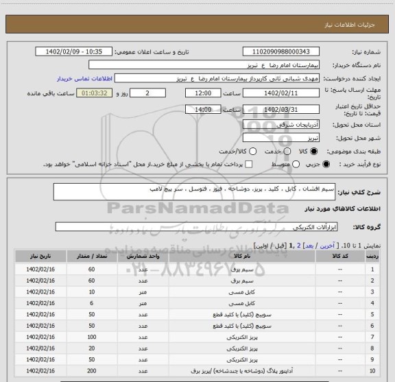 استعلام سیم افشان ، کابل ، کلید ، پریز، دوشاخه ، فیوز ، فتوسل ، سر پیچ لامپ
